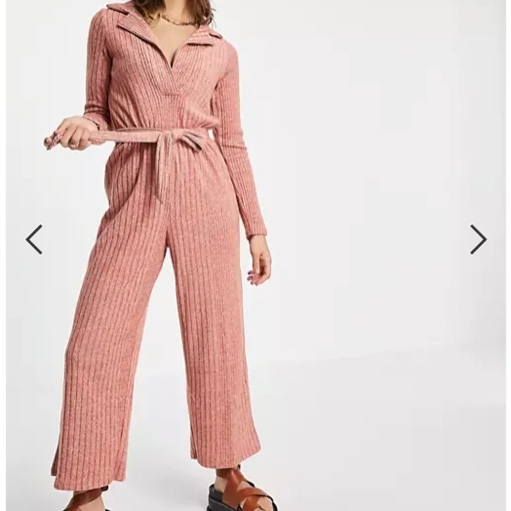 ASOS fluffy rib collar tie waist jumpsuit in soft rust Sz 14